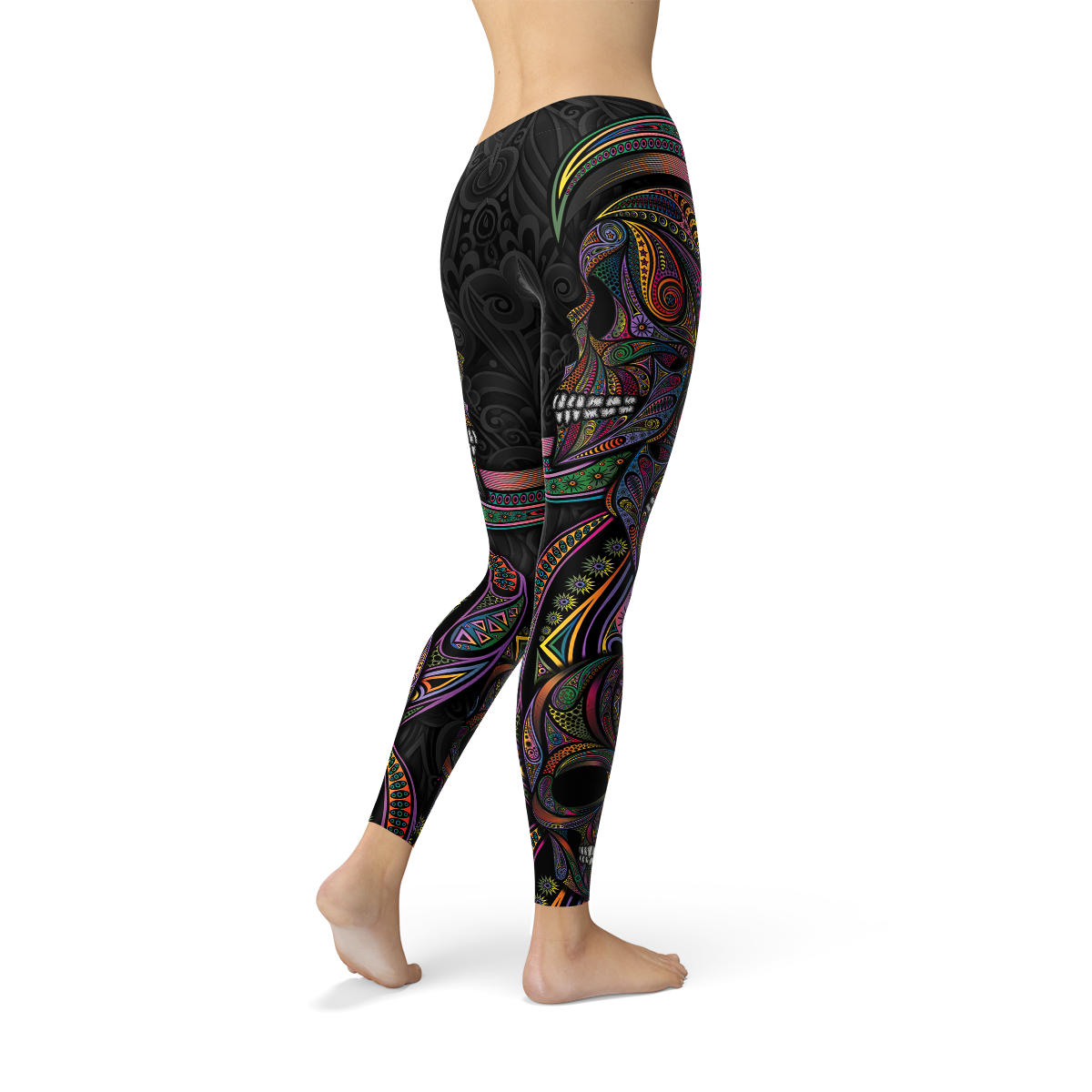 Womens Sugar Skull Leggings featuring vibrant colors and detailed skull designs for festive and casual wear.