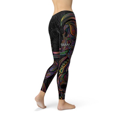 Womens Sugar Skull Leggings featuring vibrant colors and detailed skull designs for festive and casual wear.