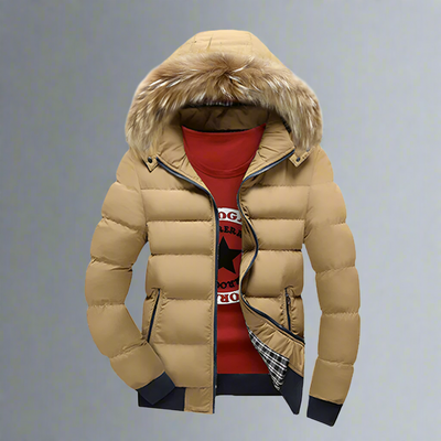 Mens Two Tone Puffer Jacket with Removable Hood in beige color with faux fur collar