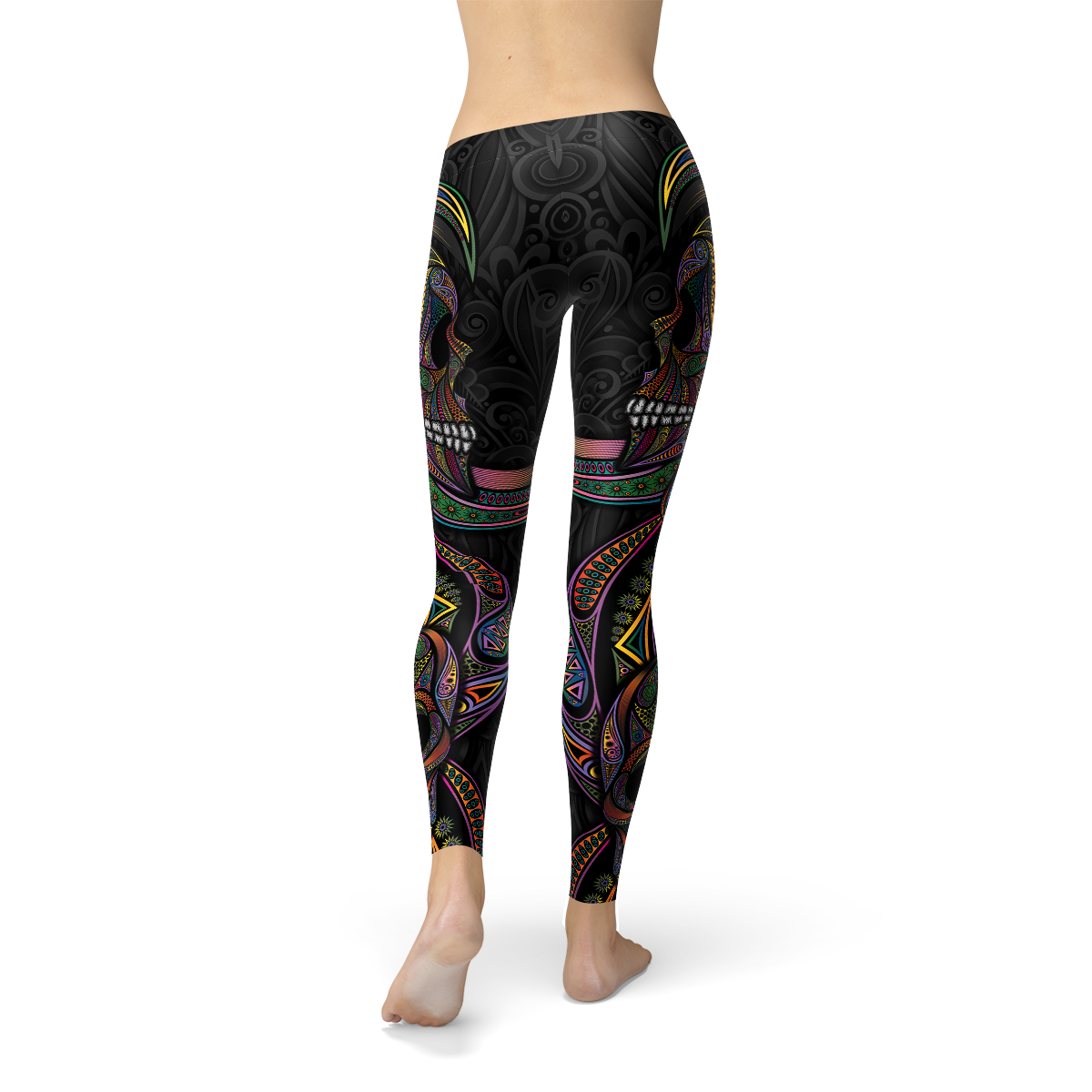 Womens Sugar Skull Leggings showcasing colorful skull designs and vibrant patterns, perfect for year-round and holiday wear.