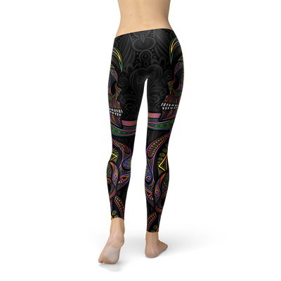 Womens Sugar Skull Leggings showcasing colorful skull designs and vibrant patterns, perfect for year-round and holiday wear.