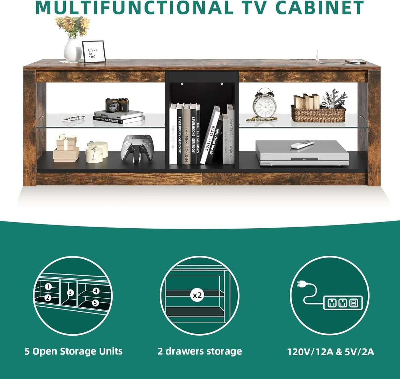 LED TV Stand With RGB Lighting And Power Outlets For 60 Inch TVs