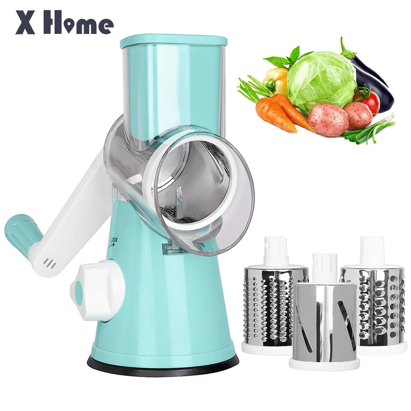 Premium Rotary Cheese Grater, Manual Cheese Grater for Kitchen, Handheld Vegetables Slicer Cheese Shredder with Rubber Suction Base, 3 Stainless Drum Blades Included,Blue
