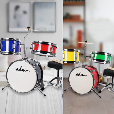 3-Piece Junior Drum Set for Kids Beginners, Kids Drum Kit with Full Set of Silent Mats, Adjustable Throne, Cymbal, Pedal & Drumsticks - Red, Blue, Black