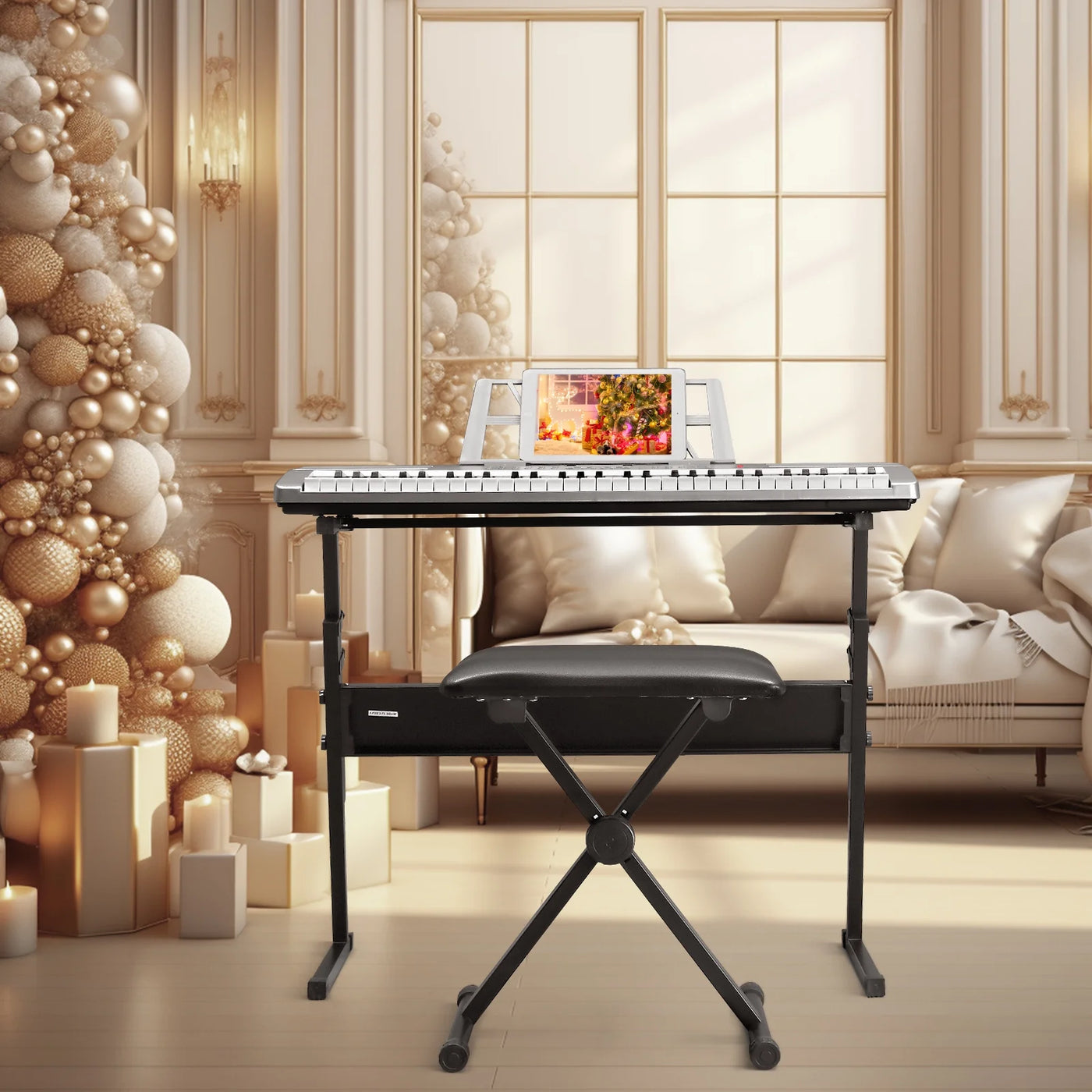 Glarry 61 Keys Keyboard Piano with Stand, Bench, Built in Speakers for Beginners, Sliver