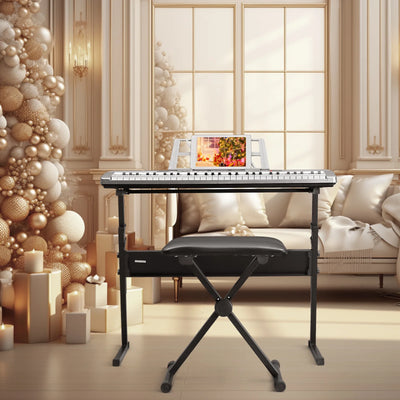 Glarry 61 Keys Keyboard Piano with Stand, Bench, Built in Speakers for Beginners, Sliver