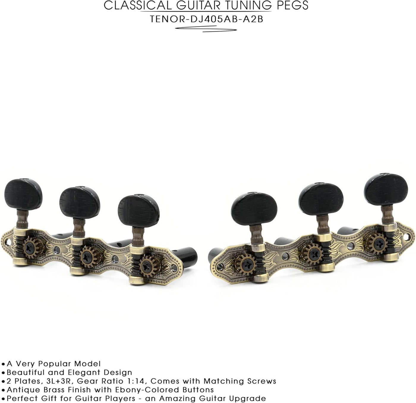 DJ405AB-A2B TENOR Classical Guitar Tuners, Tuning Key Pegs/Machine Heads for Classical or Flamenco Guitar with Antique Brass Finish and Ebony Colored Buttons.