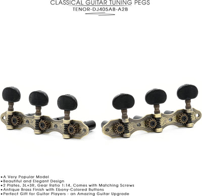 DJ405AB-A2B TENOR Classical Guitar Tuners, Tuning Key Pegs/Machine Heads for Classical or Flamenco Guitar with Antique Brass Finish and Ebony Colored Buttons.
