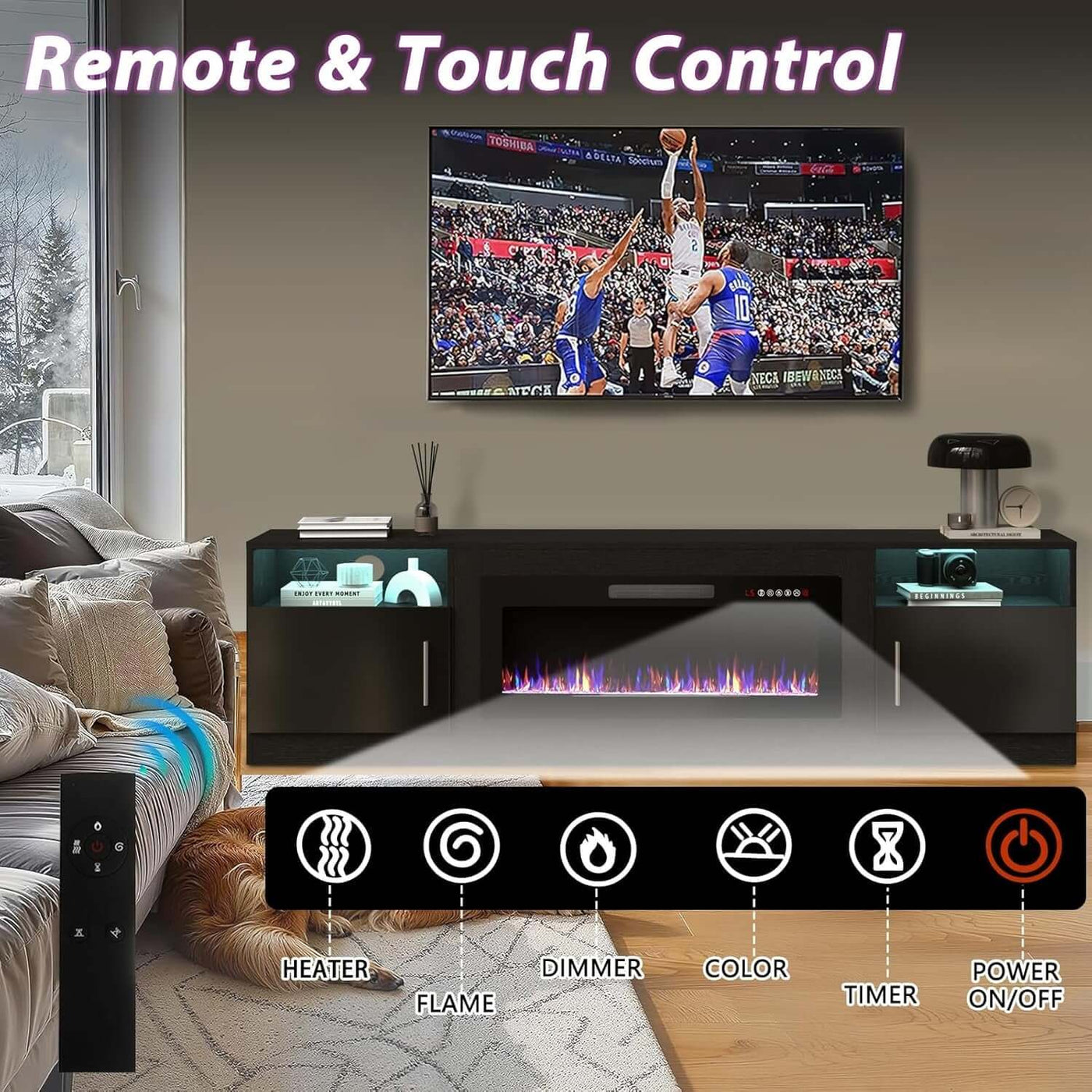 80 Inch TV Stand Electric Fireplace With LED Lighting Black