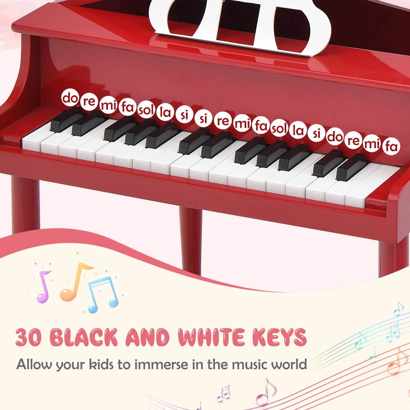 30-Key Classic Baby Grand Piano Toddler Toy Wood W/ Bench & Music Rack Red