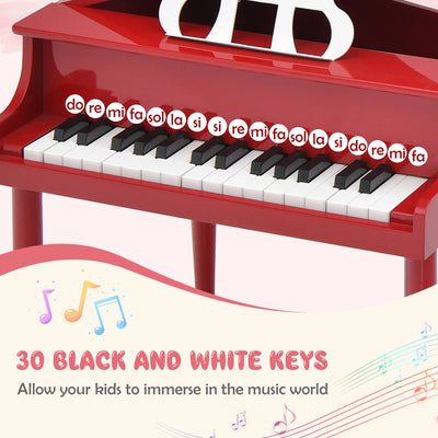 30-Key Classic Baby Grand Piano Toddler Toy Wood W/ Bench & Music Rack Red