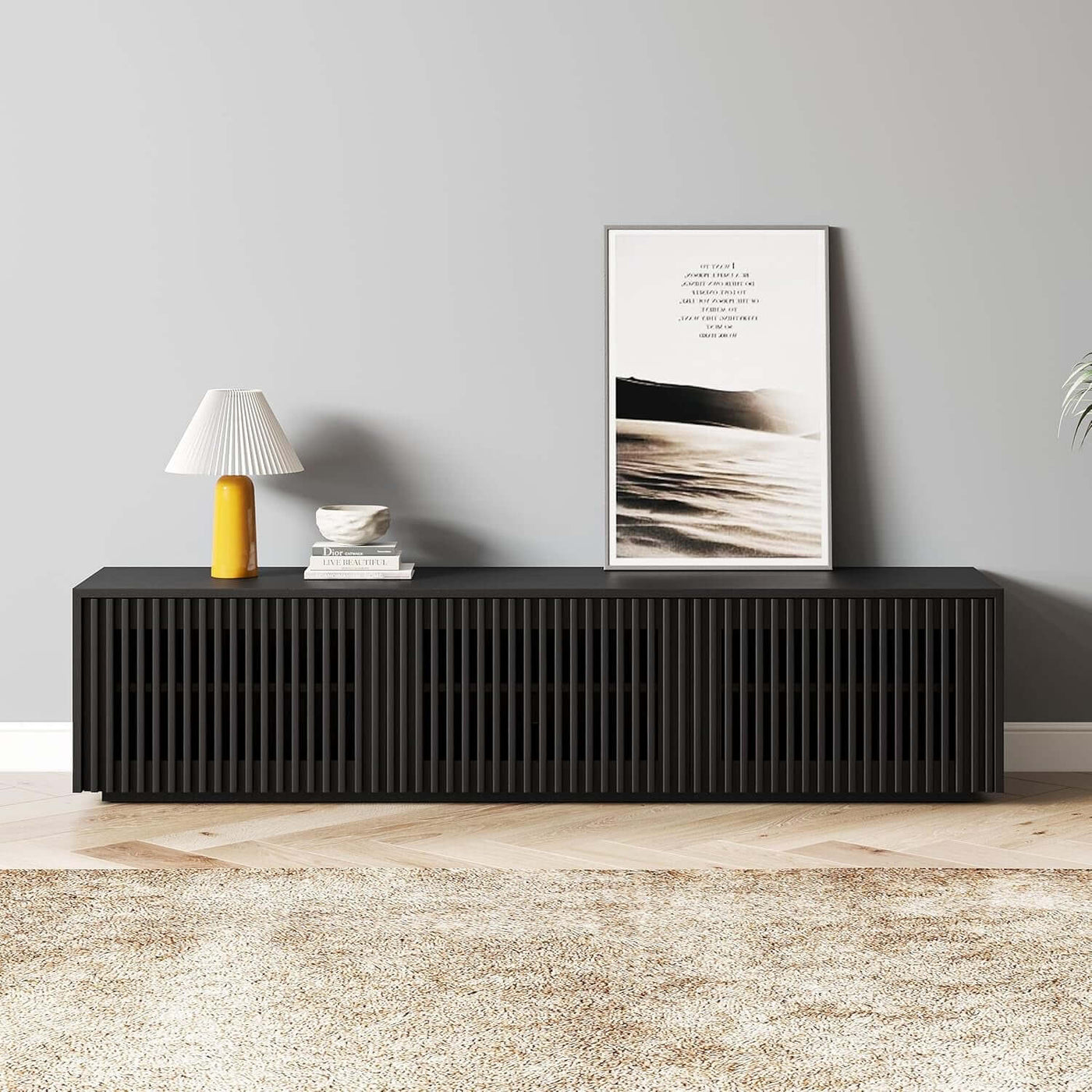 65 Inch Black Solid Wood TV Stand With Oak Veneer Finish