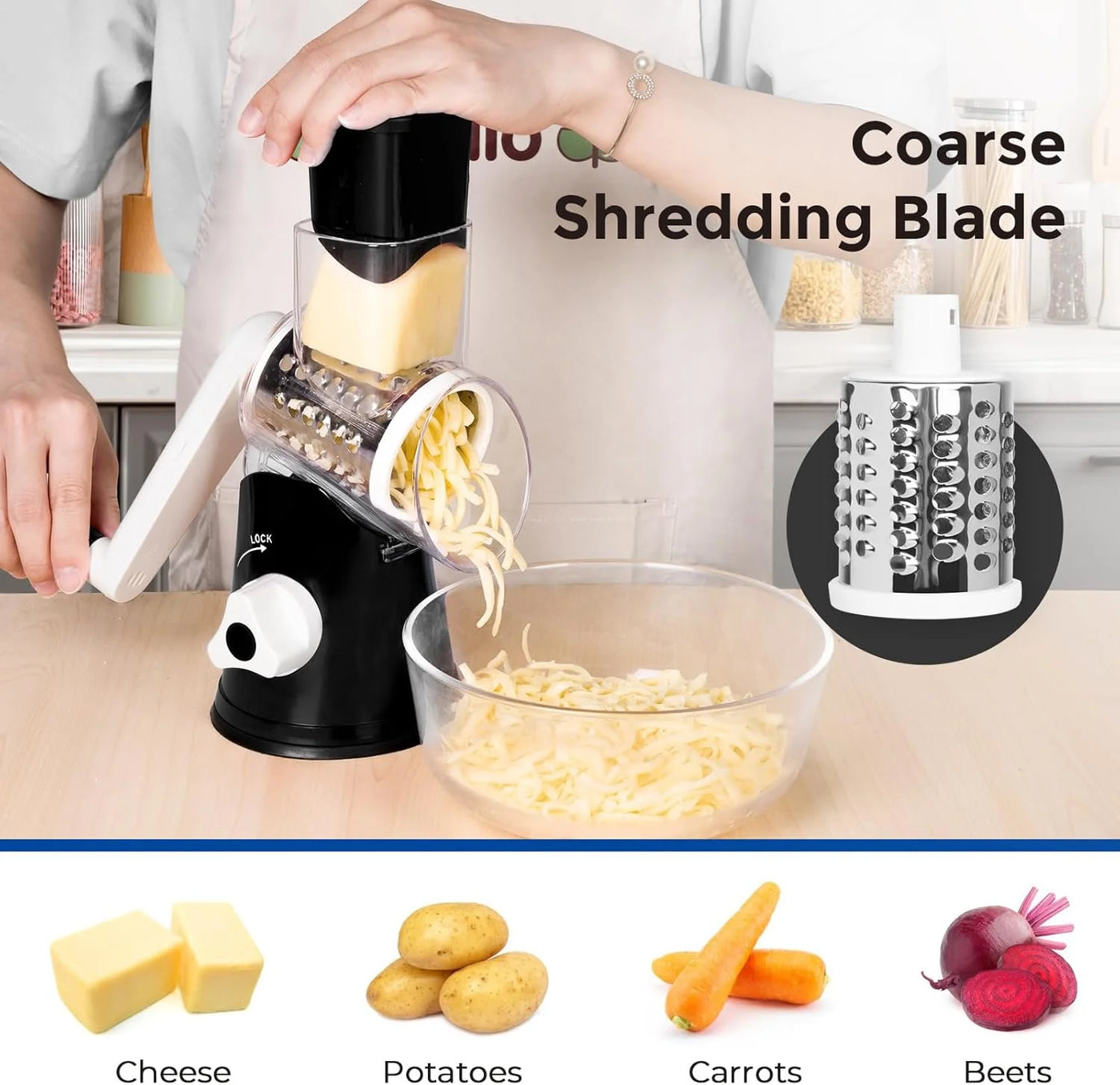 3 in 1 Cheese Grater Rotary, Cheese Shredder Grater for Kitchen Grater Slicer with 3 Replacement Blades, Potato Slicer Vegetable Chopper with Suction Base, Black