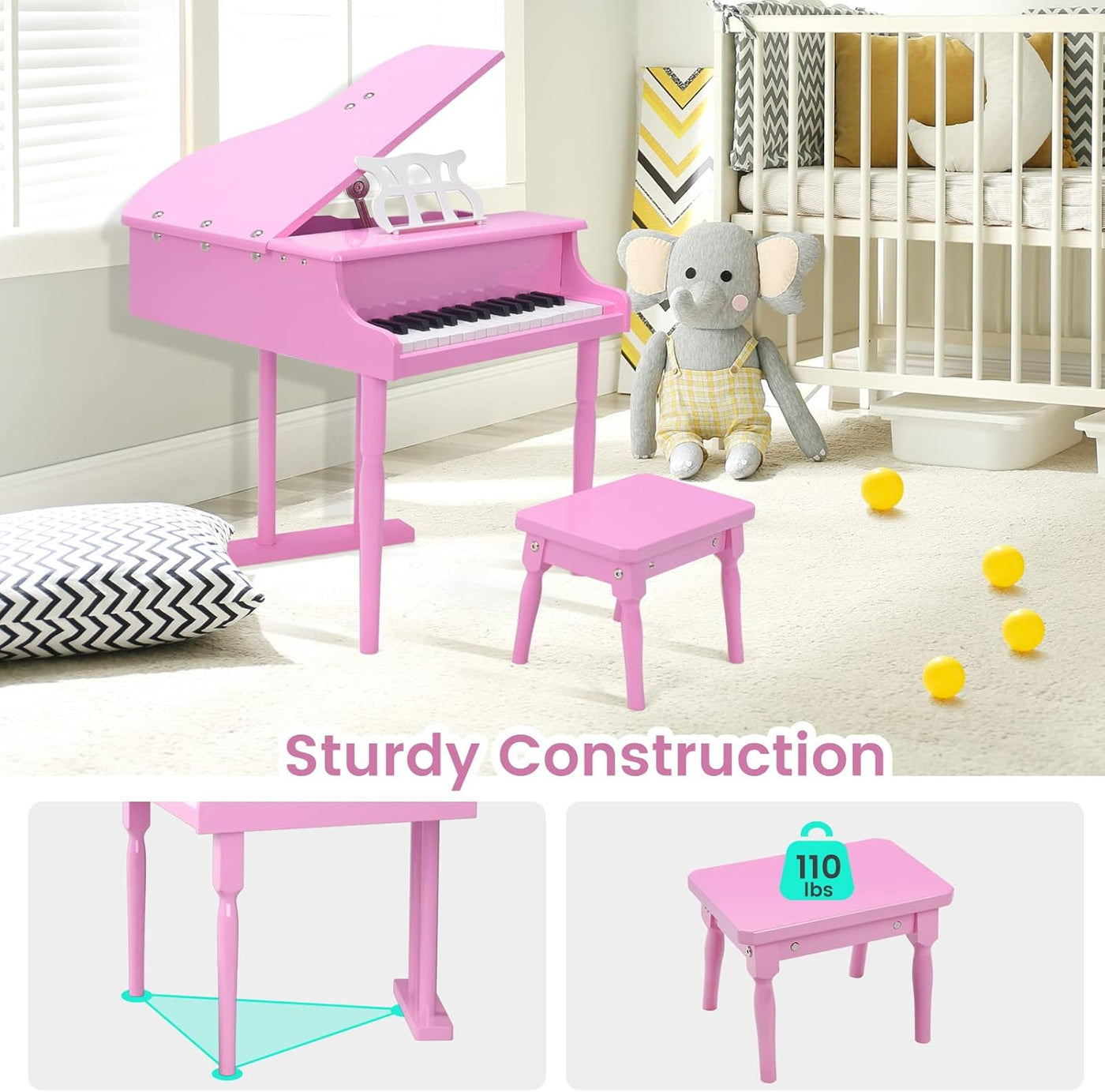 30-Key Classical Kids Piano, Mini Grand Piano Wooden Learn-To-Play Musical Instrument Toy with Bench, Piano Lid, Music Rack, Gift for Boys Girls Aged 2+ Baby Toddler (3 Straight Leg-Pink)