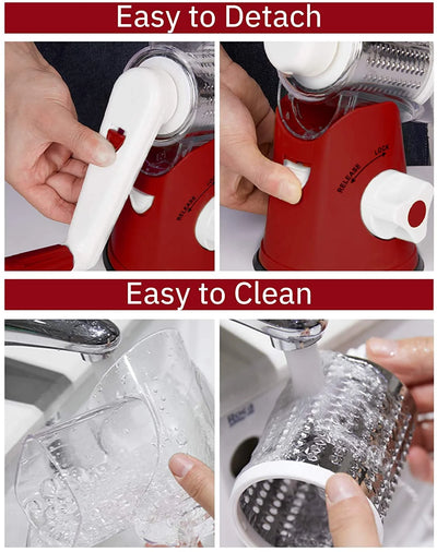 Cheese Grater Rotary, Kitchen Mandoline Vegetable Slicer with 3 Interchangeable Blades, Grater Slicer for Fruit, Vegetables, Nuts,Dishwasher Safe,Red