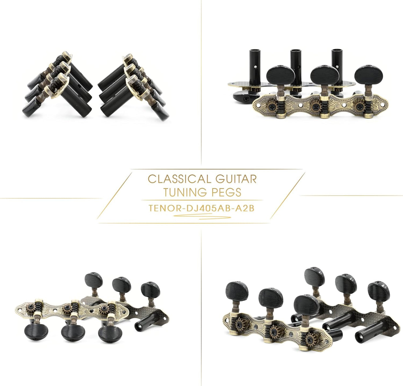 DJ405AB-A2B TENOR Classical Guitar Tuners, Tuning Key Pegs/Machine Heads for Classical or Flamenco Guitar with Antique Brass Finish and Ebony Colored Buttons.