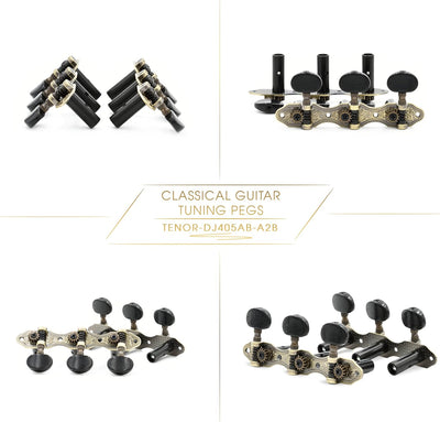 DJ405AB-A2B TENOR Classical Guitar Tuners, Tuning Key Pegs/Machine Heads for Classical or Flamenco Guitar with Antique Brass Finish and Ebony Colored Buttons.
