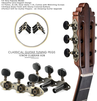 DJ405AB-A2B TENOR Classical Guitar Tuners, Tuning Key Pegs/Machine Heads for Classical or Flamenco Guitar with Antique Brass Finish and Ebony Colored Buttons.