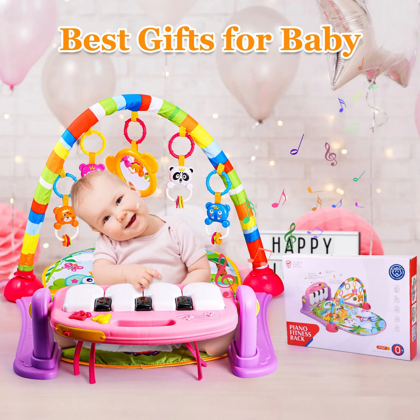 Musical Baby Gyms Play Mats, Funny Play Piano Tummy Time Baby Activity Gym Mat with 5 Infant Learning Sensory Baby Toys, Music and Lights, Baby Play Mat for Infant 0 to 12 Months+, Pink
