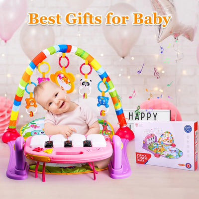 Musical Baby Gyms Play Mats, Funny Play Piano Tummy Time Baby Activity Gym Mat with 5 Infant Learning Sensory Baby Toys, Music and Lights, Baby Play Mat for Infant 0 to 12 Months+, Pink