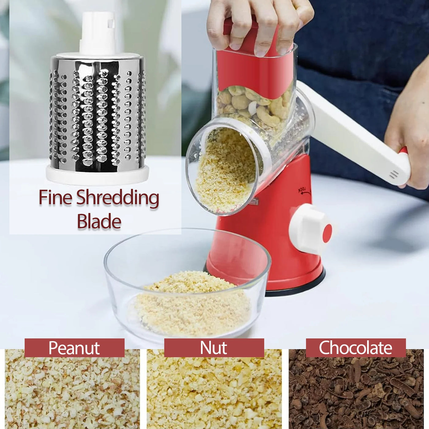 Cheese Grater Rotary, Kitchen Mandoline Vegetable Slicer with 3 Interchangeable Blades, Grater Slicer for Fruit, Vegetables, Nuts,Dishwasher Safe,Red
