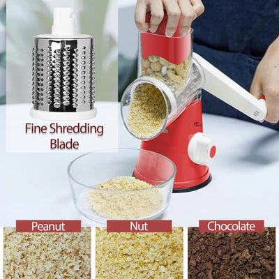 Cheese Grater Rotary, Kitchen Mandoline Vegetable Slicer with 3 Interchangeable Blades, Grater Slicer for Fruit, Vegetables, Nuts,Dishwasher Safe,Red