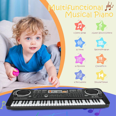 61 Key Keyboard Piano, Electronic Keyboard Piano with Microphone for Kids Gift, Black