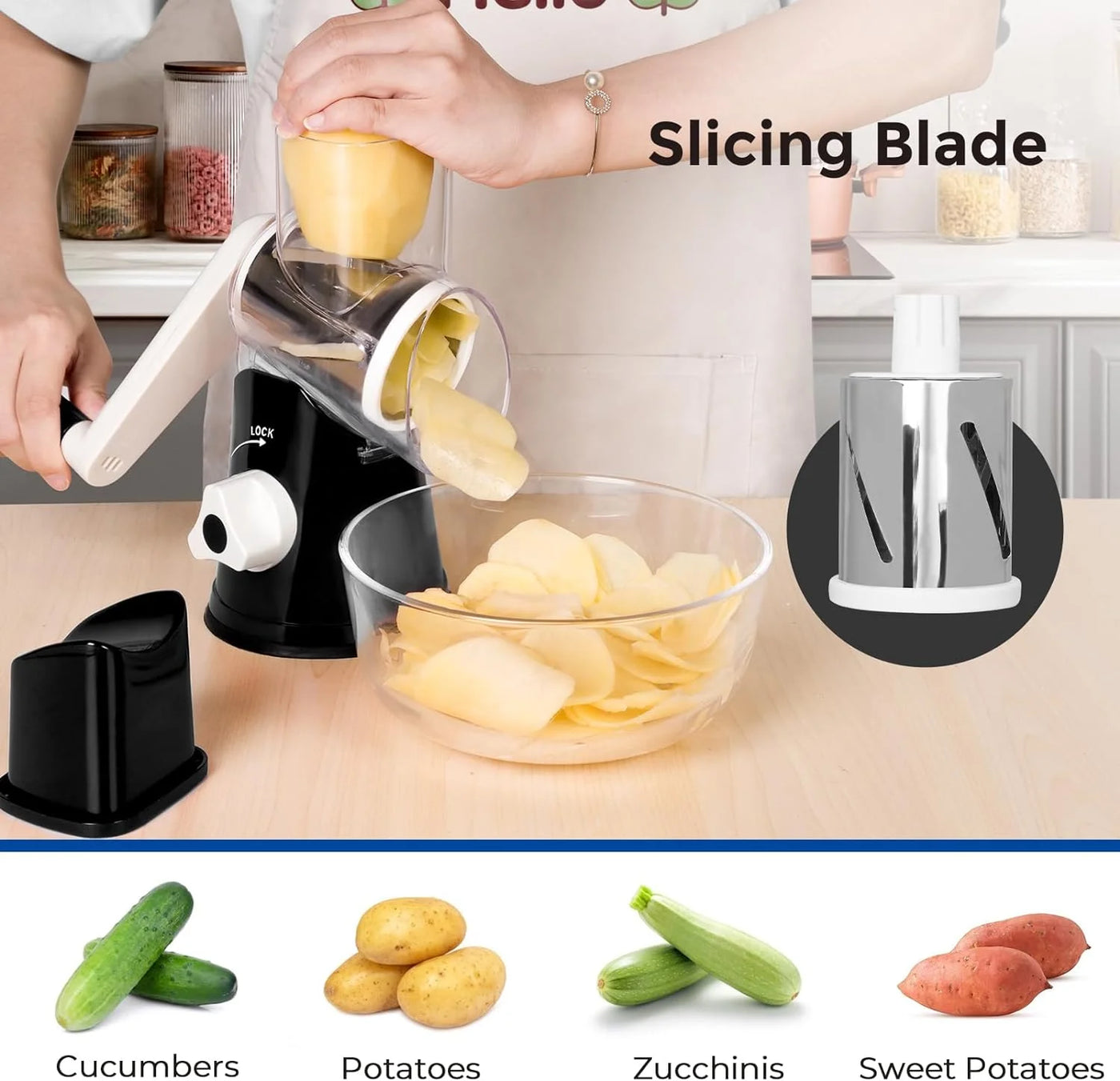 3 in 1 Cheese Grater Rotary, Cheese Shredder Grater for Kitchen Grater Slicer with 3 Replacement Blades, Potato Slicer Vegetable Chopper with Suction Base, Black