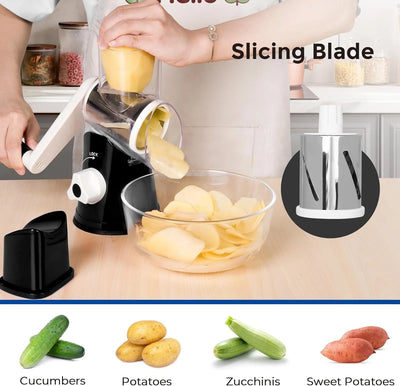 3 in 1 Cheese Grater Rotary, Cheese Shredder Grater for Kitchen Grater Slicer with 3 Replacement Blades, Potato Slicer Vegetable Chopper with Suction Base, Black