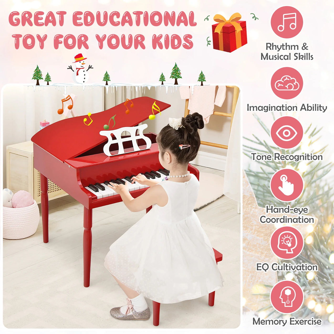 30-Key Classic Baby Grand Piano Toddler Toy Wood W/ Bench & Music Rack Red