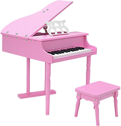 30-Key Classical Kids Piano, Mini Grand Piano Wooden Learn-To-Play Musical Instrument Toy with Bench, Piano Lid, Music Rack, Gift for Boys Girls Aged 2+ Baby Toddler (3 Straight Leg-Pink)