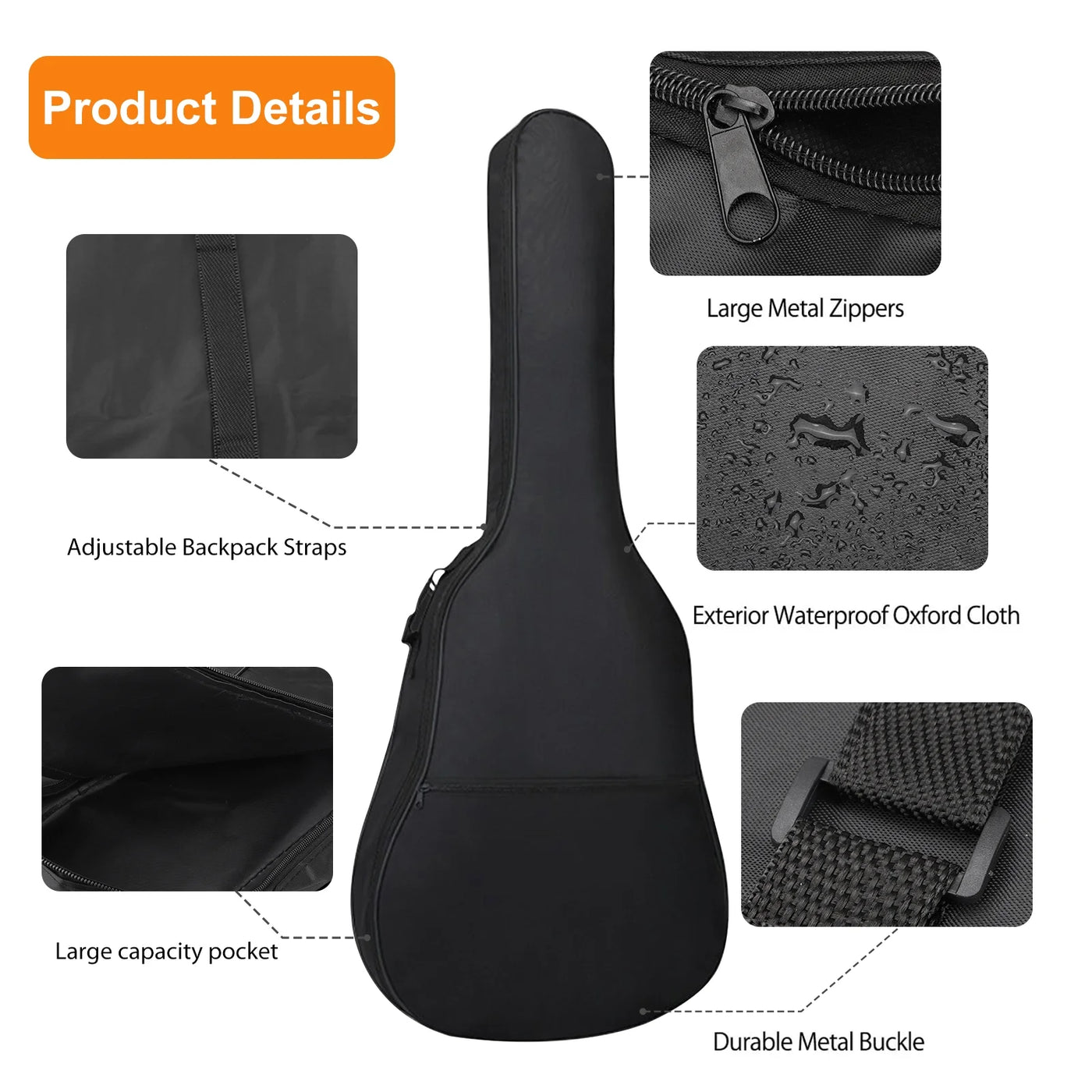 Guitar Bag,  40-41" Acoustic Guitar Bag, Waterproof Guitar Case with Dual Adjustable Shoulder Strap, Guitar Dust Cover, Soft Guitar Backpack Case, Black