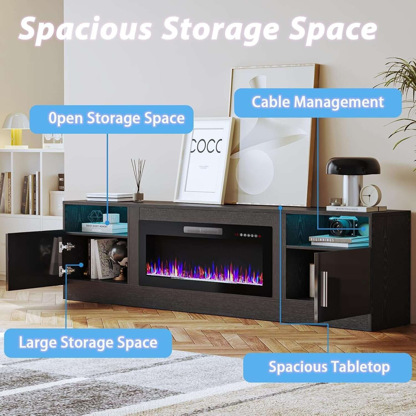 80 Inch TV Stand Electric Fireplace With LED Lighting Black