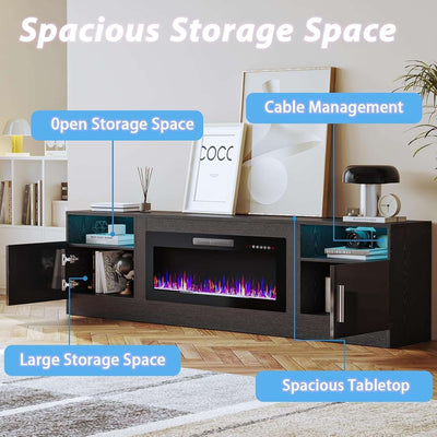 80 Inch TV Stand Electric Fireplace With LED Lighting Black