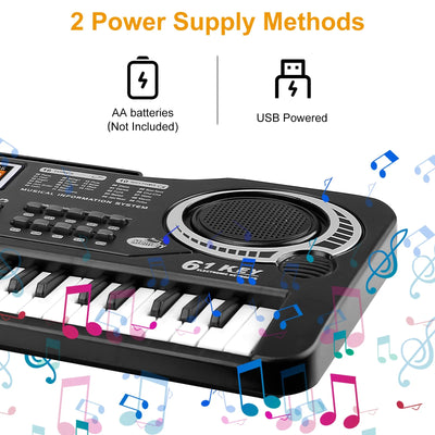 61 Keys Digital Music Keyboard,  Electric Piano Musical Instrument Kids Learning Keyboard with Microphone for Beginners Kids Girls Boys Adults, Black