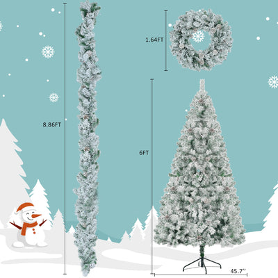 6FT Snow Flocked Christmas Tree Pre Lit Set with Garland