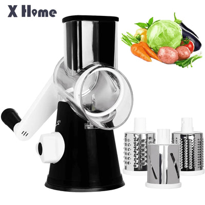 3 in 1 Cheese Grater Rotary, Cheese Shredder Grater for Kitchen Grater Slicer with 3 Replacement Blades, Potato Slicer Vegetable Chopper with Suction Base, Black