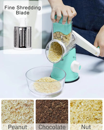 Premium Rotary Cheese Grater, Manual Cheese Grater for Kitchen, Handheld Vegetables Slicer Cheese Shredder with Rubber Suction Base, 3 Stainless Drum Blades Included,Blue
