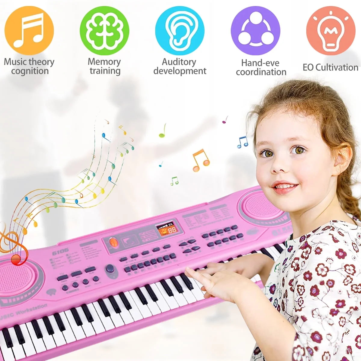 Kids Keyboard Piano,Portable 61 Keys Keyboard Electronic Digital Piano,Early Learning Educational Musical Piano Toy Keyboard for Beginners with Microphone (Pink)