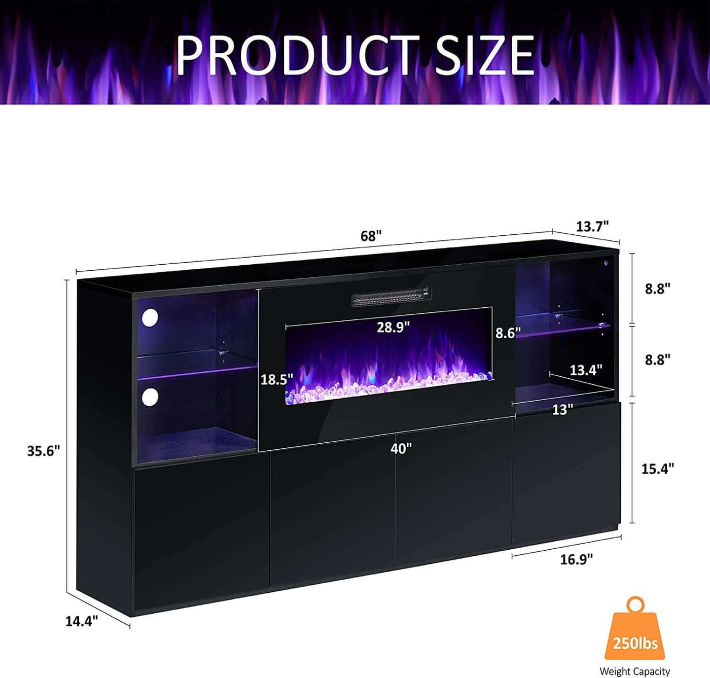 40 Inch TV Stand With Electric Fireplace And LED Lights