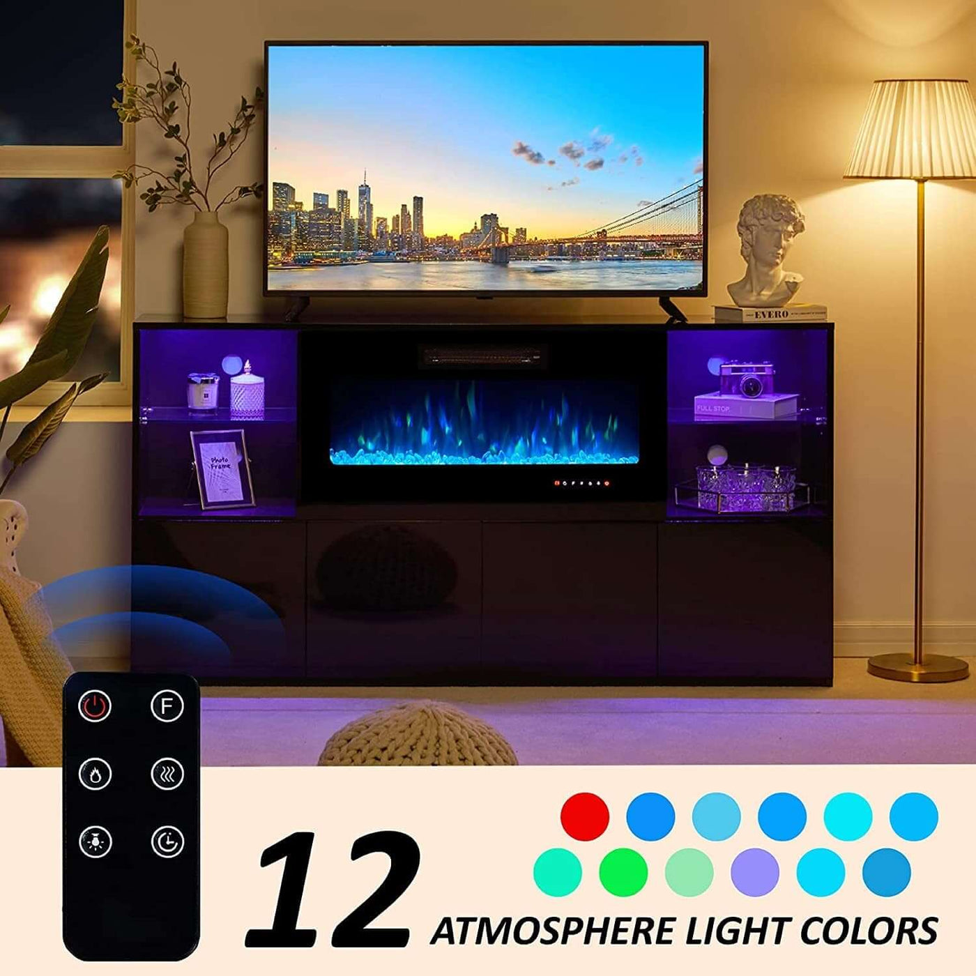Electric Fireplace TV Console High Gloss Finish Elegant