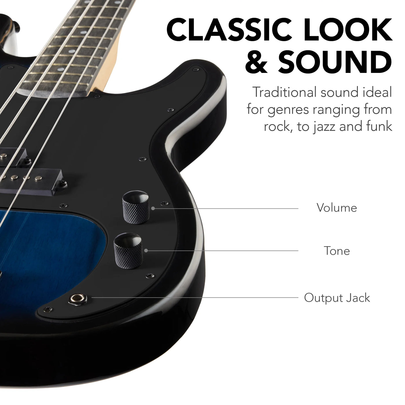 Full Size Beginner 4-String Electric Guitar Bass Guitar W/ Padded Case - Hollywood Blue/Black