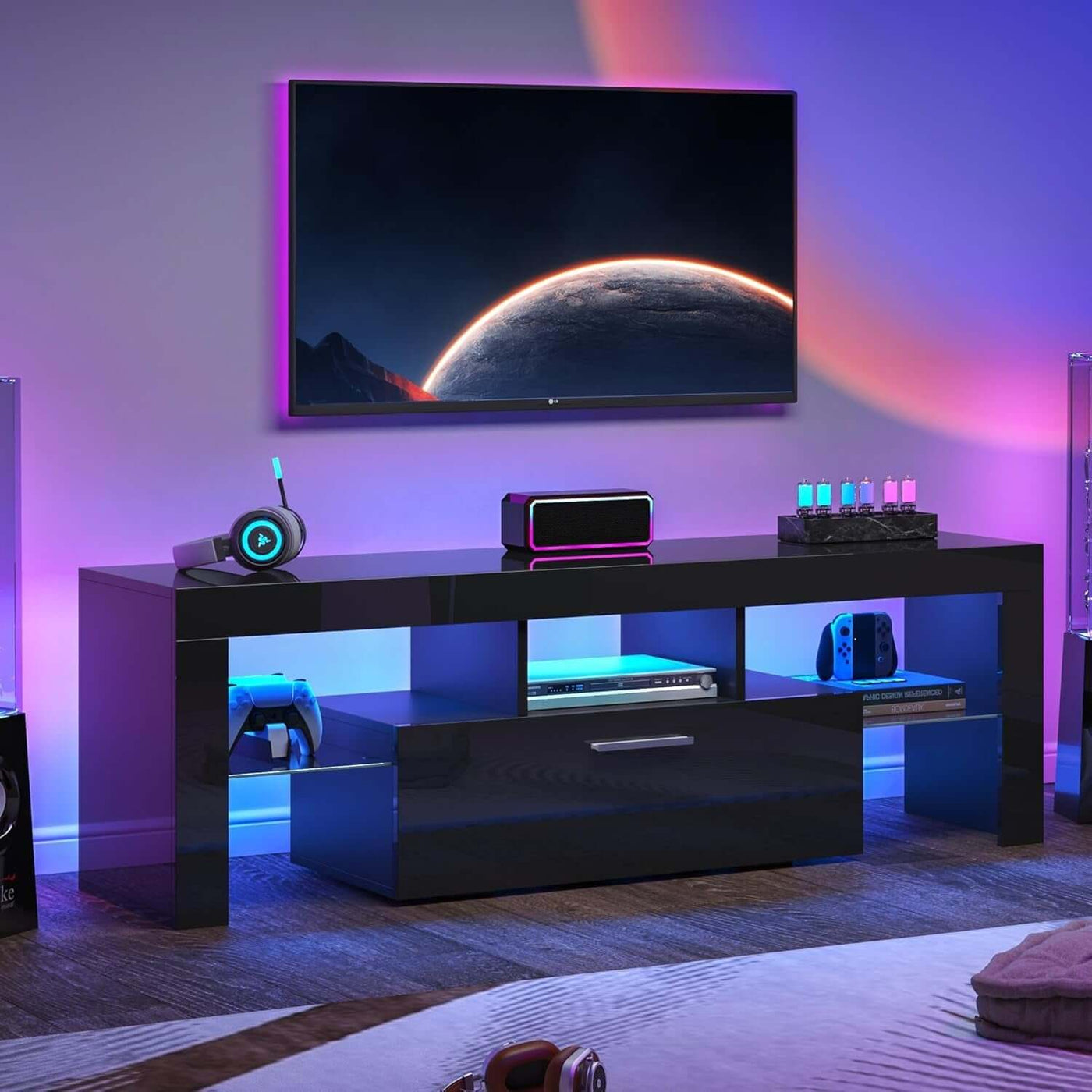 Black LED TV Stand With Large Storage Drawer For TVs Up To 55 Inches