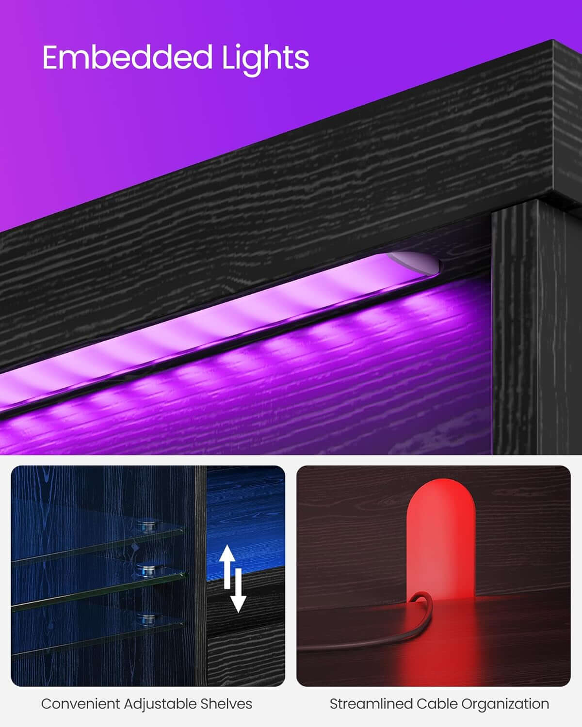 63 Inch LED TV Stand With Glass Shelves And Cabinet Doors