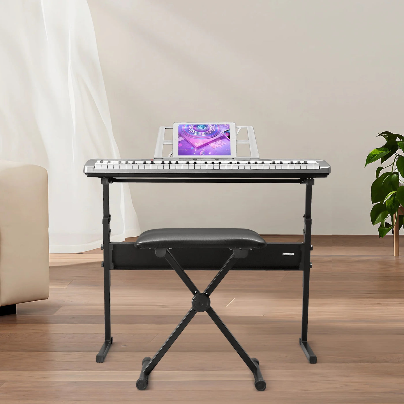 Glarry 61 Keys Keyboard Piano with Stand, Bench, Built in Speakers for Beginners, Sliver