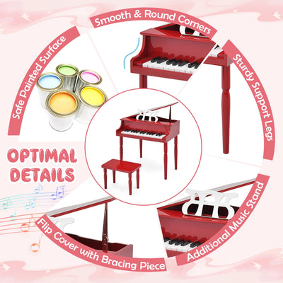 30-Key Classic Baby Grand Piano Toddler Toy Wood W/ Bench & Music Rack Red