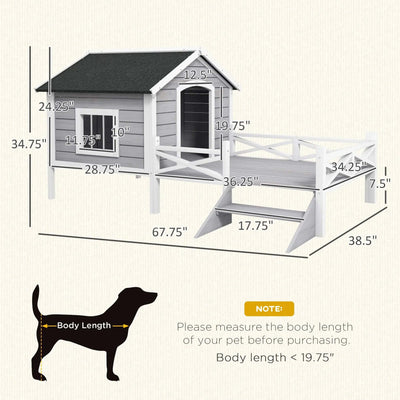 66" Outdoor Dog House, Large Wooden Dog Kennel with Porch, Cabin House Style Pet Houses for Cats, Gray