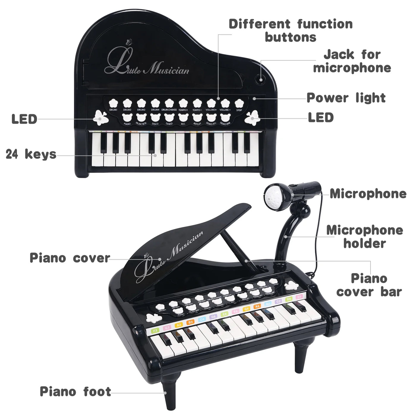 24 Keys Toy Piano for Girls, Cute Piano for Kids with Built-In Microphone & Music Modes, Preschooler Music Learning Popular Piano Toys, Birthday Christmas Gift for Kids Aged 3-6+, Black
