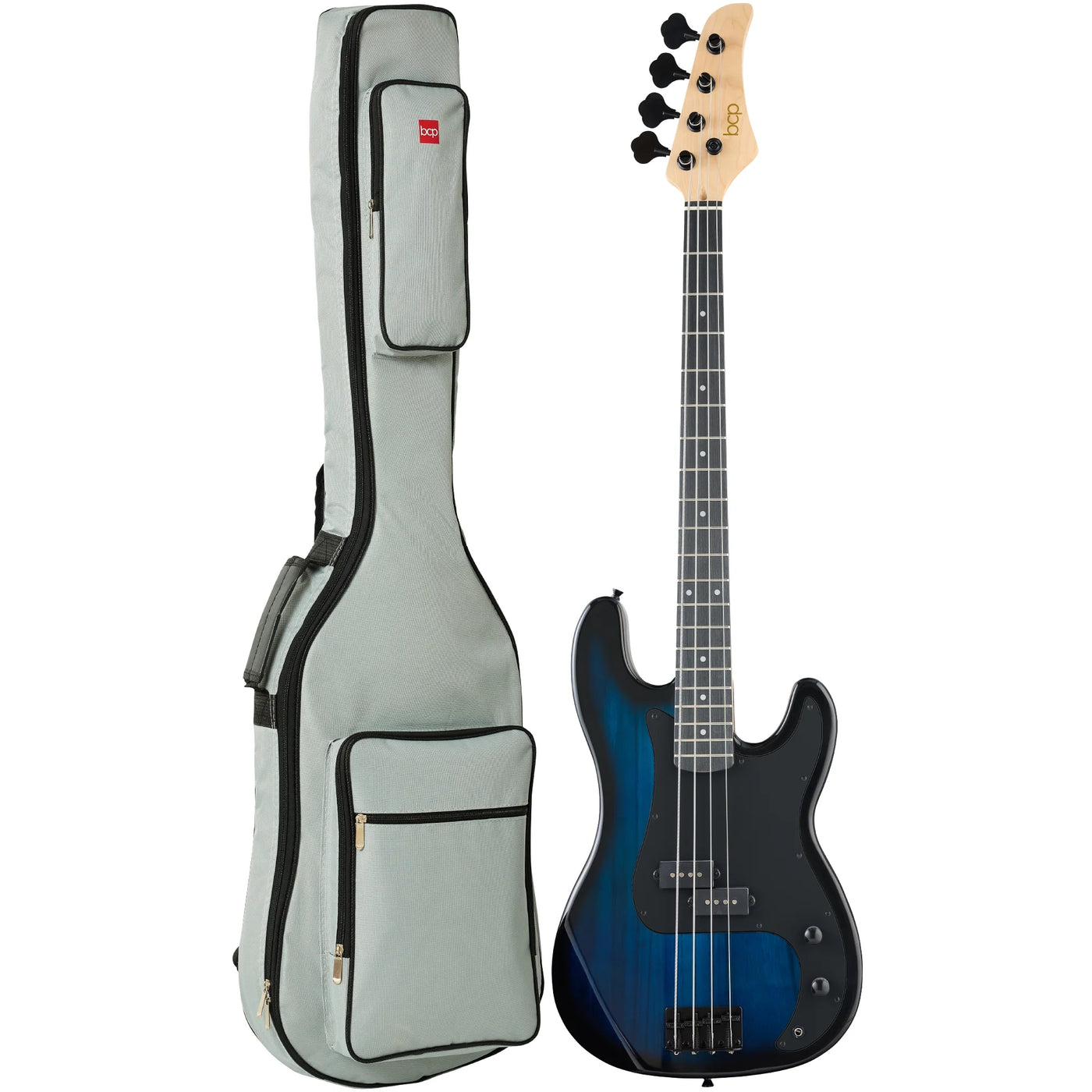 Full Size Beginner 4-String Electric Guitar Bass Guitar W/ Padded Case - Hollywood Blue/Black