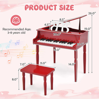 30-Key Classic Baby Grand Piano Toddler Toy Wood W/ Bench & Music Rack Red